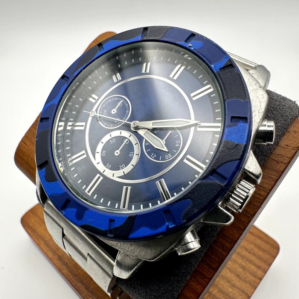 Geneva Men's Blue Camo Bezel Quartz Watch Stainless Steel Bracelet